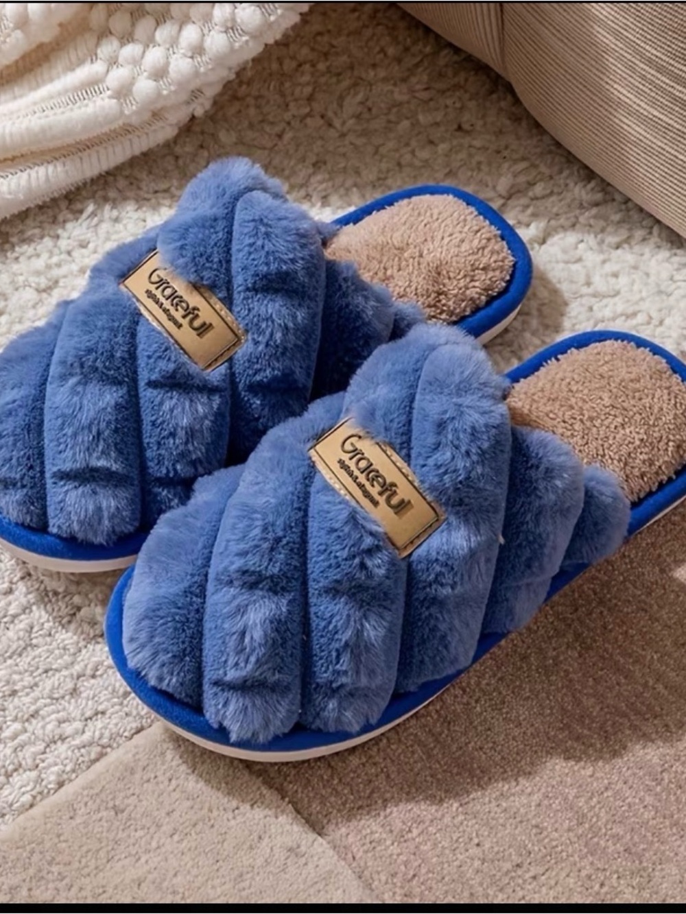 NWT Blue & Tan Fuzzy House Slippers Women's Size M/L #cozy #comfort